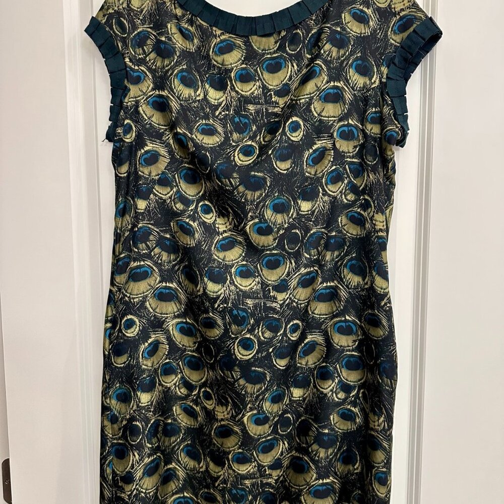 Milly New York Silk Dress Size 10 Peacock Feather Print Made USA Sleeveless
